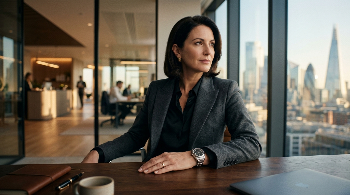 Hand wearing a wristwatch resting on a workspace desk
