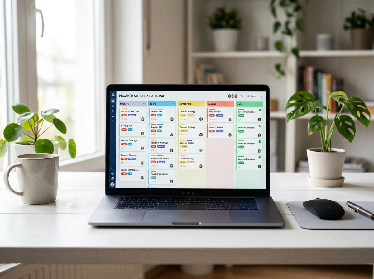 Laptop showing a project management Kanban board