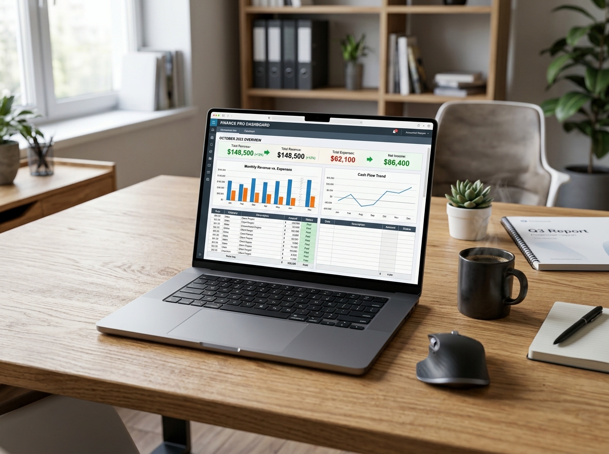Laptop on a desk displaying accounting dashboard software